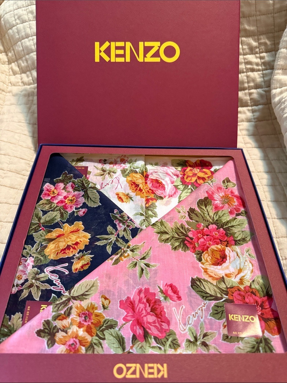 Kenzo Floral Cotton set 3 in Pink, Navy & Yellow handkerchiefs/scraf/bandana